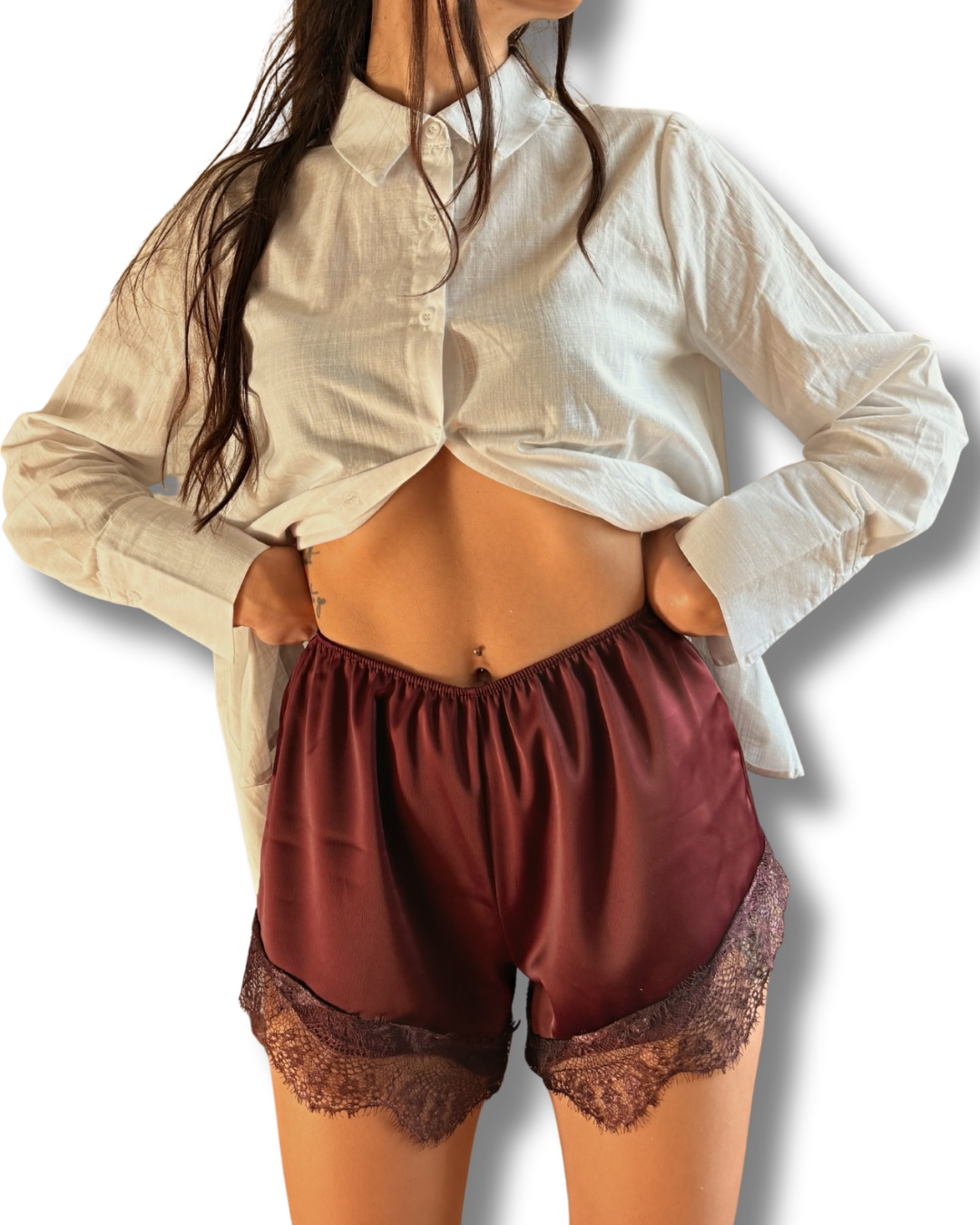 Shorts satin e pizzo